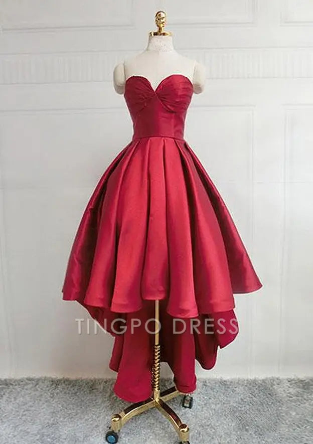TingPo Wholesale Elegant A-line Sweetheart Sleeveless Satin Asymmetrical Homecoming Dress With Pleated